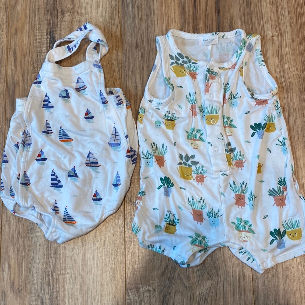 Perfect summertime gender neutral outfits. Sailboats and garden themed!